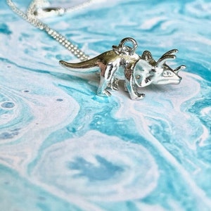 Triceratops Silver Tone Dino Dinosaur Charm Necklace Pendant for Girls or Boys on Silver Plated 18 Inch Chain (For Children 3 and up)