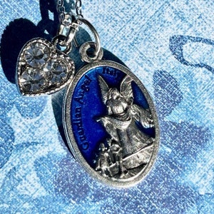 Double Sided Traditional Guardian Angel - Pray For Us Medal From Italy Necklace Pendant Silver Tone Rhinestone Heart Charm Catholic Gift