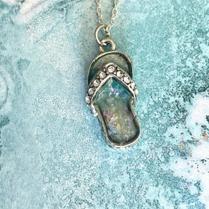 Flip Flop Summer Faux Abalone Sandal Charm Sparkling Resin with Faceted Rhinestones Straps Necklace Pendant on 18 Inch Silver Plated Chain