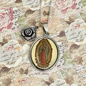 Our Lady of Guadalupe Silver Toned Photo Medal Pendant Necklace Virgin Mary Of Mexico with Silver Toned Rose Drop Charm Catholic Gift