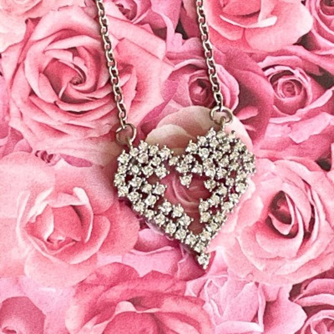 Silver Rhinestone Heart Sparkling Silver Tone White Rhinestone Heart Pendant Necklace Love ...