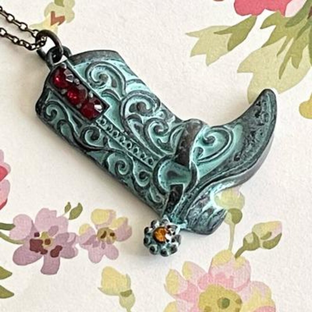 Blue Patina Cowboy Boot Pendant With Red Rhinestones Along Boot and ...