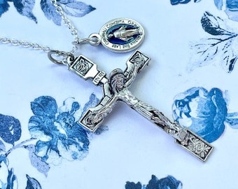 Ornate Silver Tone Jesus Crucifix Cross Originali Concepta O.P.N Double Sided Miraculous Medal Necklace Pendant on Silver Plated 18" Chain