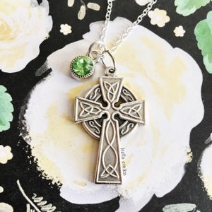 Ornate Silver Toned Double Sided Celtic Cross Necklace Pendant with Green Jewel Drop Charm on 18 Inch Silver Plated Chain Irish Gift
