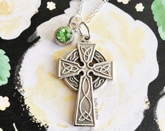 Ornate Silver Toned Double Sided Celtic Cross Necklace Pendant with Green Jewel Drop Charm on 18 Inch Silver Plated Chain Irish Gift