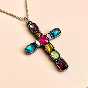 Bronze Tone Cross Pendant Necklace Sparkling Multicolored Jewel Rhinestone Jeweled Cross on Gold Plated 18 Inch Bronze Chain Lobster Clasp