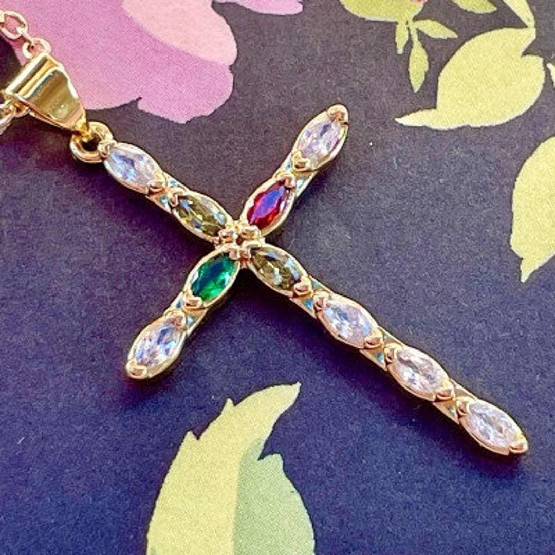 Gold Tone Cross Pendant Necklace Sparkling Multicolored Jewel