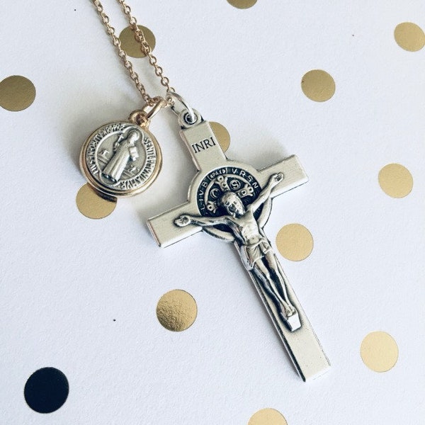 Silver Double Sided Jesus Crucifix Cross Silver And Gold Tone Double Sided Saint Benedict Protection Medal Necklace Pendant From Italy