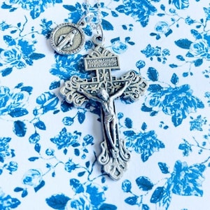 Ornate Silver Tone Double Sided Pardon Crucifix with Miraculous Medal Charm on 18&quot; Silver Plated Chain Catholic Necklace Pendant From Italy
