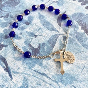 Blue (September) Children&#39;s Beaded Rosary Bracelet From Italy with Silver Tone Crucifix and Double-Sided Miraculous Medal Catholic Gift