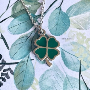 Silver Toned Green Enamel Irish Lucky 4 Leaf Clover Necklace Pendant St. Patricks Day Shamrock Charm on 18 Inch Silver Plated Chain