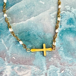 Gold Tone White Beaded Bracelet with Gold Plated Jesus Cross 6 - 7 Inch Adjustable Bracelet Catholic Christian Religious Cross Charm