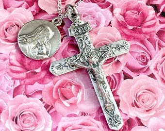 Large Ornate Double Sided Silver Tone Jesus Crucifix Necklace Pendant with Virgin Mary Medal from Italy on 18 Inch Silver Plated Chain