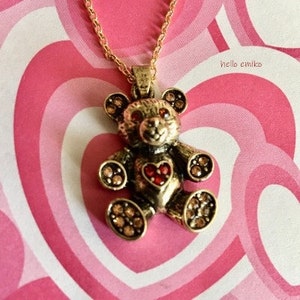 Bronze Toned Teddy Bear Necklace Pendant Red Rhinestone Heart Pink Rhinestone Paws Teddy Bear Charm Gold Plated 18 Inch Chain Lobster Clasp