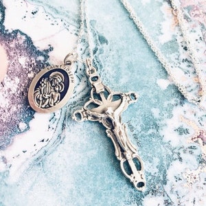 Ornate Silver Tone Jesus Crucifix from Italy Catholic Necklace Pendant Double Sided Silver Toned Purple Enamel St Joseph Pray For Us Medal