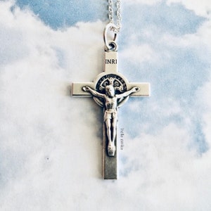 Silver Tone Double Sided Jesus Crucifix Cross Saint Benedict Protection Necklace Pendant From Italy Silver Plated Chain Lobster Clasp