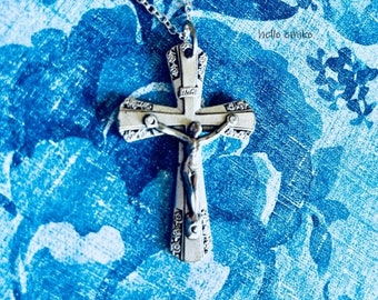 Large Ornate Silver Toned Jesus Crucifix Cross Medal From Italy Necklace Pendant On 18 Inch Silver Plated Chain Lobster Clasp Closure