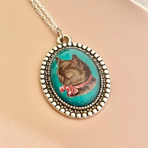 Cute Silver Toned Cat Kitten Handmade Glass Art Bubble Necklace Pendant Cameo Cabochon on 18 inch Silver Plated Chain  Cat Lover Gift