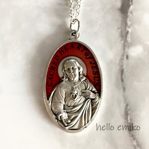 Large Double Sided Sacred Heart Of Jesus Virgin Of Carmel Silver Tone Red Enamel Medal From Italy on Silver Plated Chain With Lobster Clasp