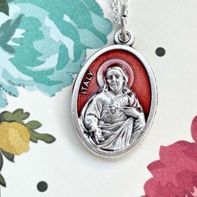 Double Sided Sacred Heart of Jesus Silver Tone Red Enamel Medal From ...