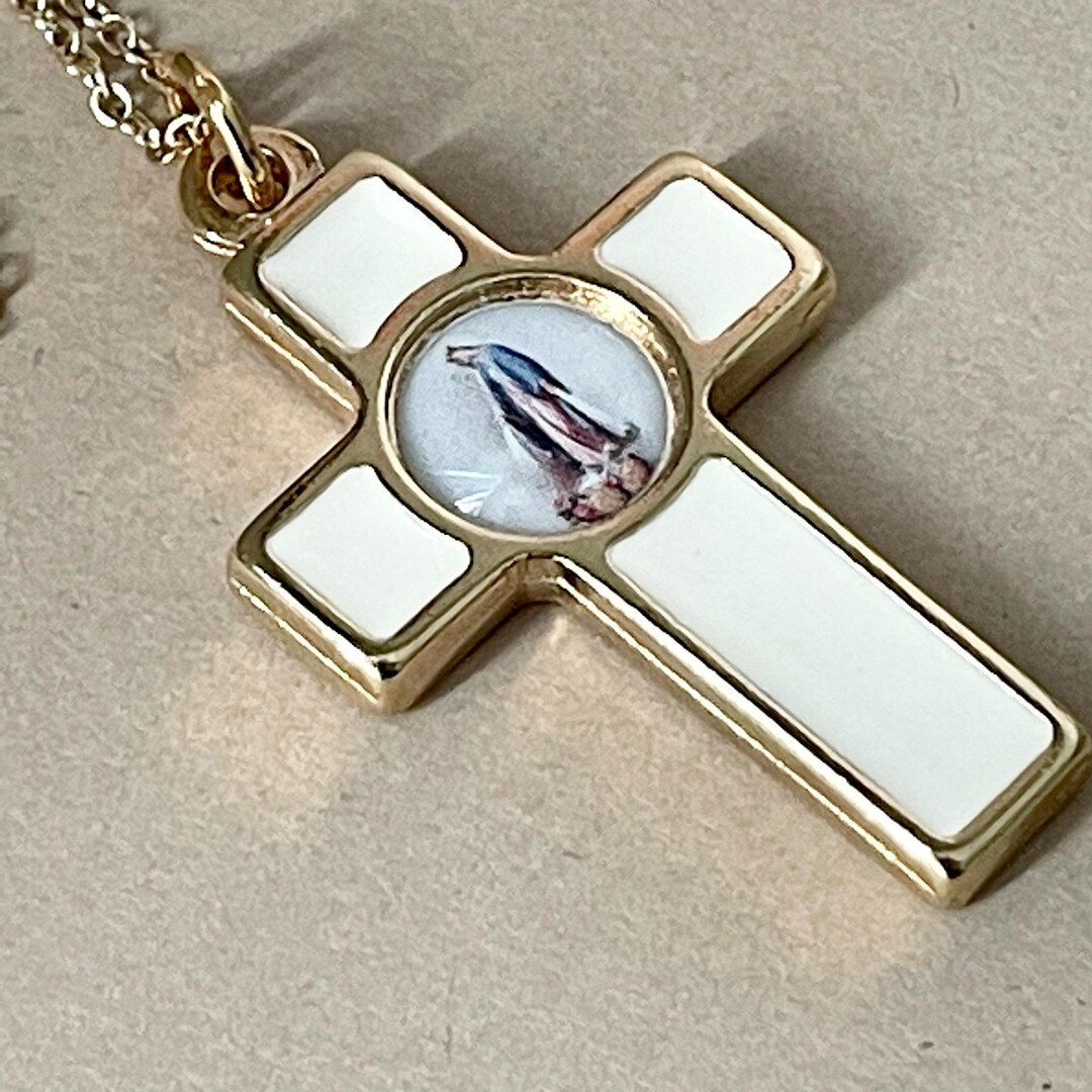 Our Lady Miraculous Mary Double Sided Cross White Enamel Medal Crucifix ...