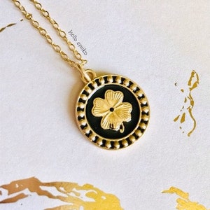 Gold Tone Black Enamel 4 Leaf Clover Irish Good Luck Travel Charm Celtic Necklace Pendant on Gold Plated 16 - 18 Inch Adjustable Chain