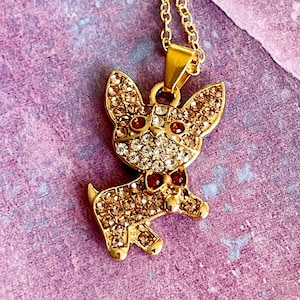 Cute Little Colorful Rhinestone Chihuahua Charm Necklace Pendant 18 Inch Gold Plated Chain Dog Lover Gift Chihuahua Lover For Girls or Women