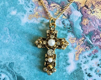 Ornate Jesus Cross Pendant Necklace Gold Tone Cross Crucifix Rhinestones And  Faux Pearls On 18 " Gold Tone Chain Christian Catholic Gift