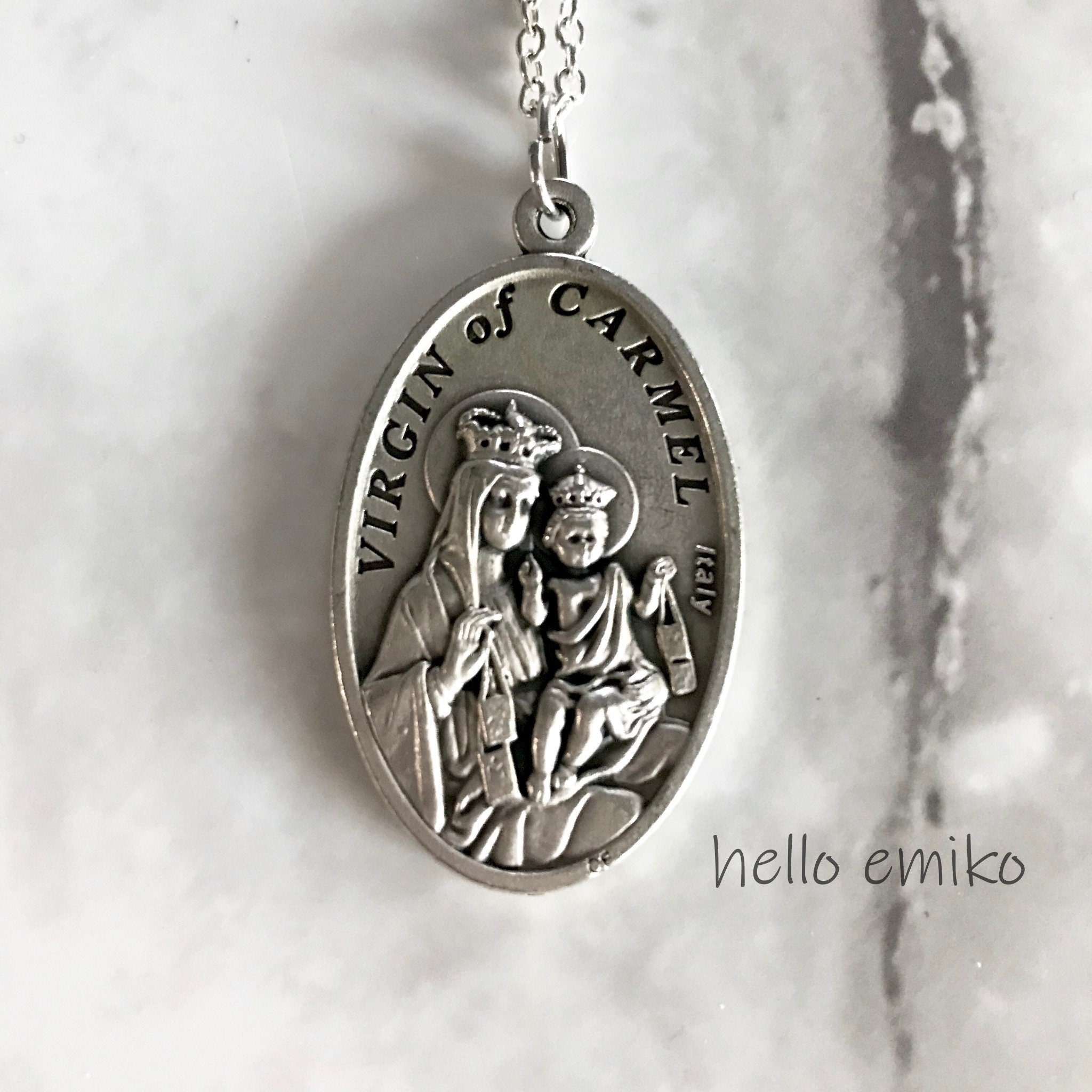 Large Double Sided Sacred Heart of Jesus Virgin of Carmel Silver Tone ...