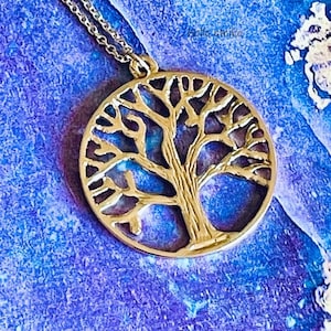Beautiful Large Gold Tone Round Cut Tree of Life Pendant Necklace Nature Lover Outdoors on 18 Inch Gold Plated Chain Lobster Clasp Closure