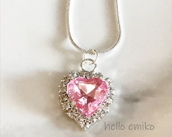 Back in Stock Pink Jewel Heart Charm Necklace Pendant with White Rhinestones on  Silver Plated 18 Inch Snake Chain with Lobster Clasp