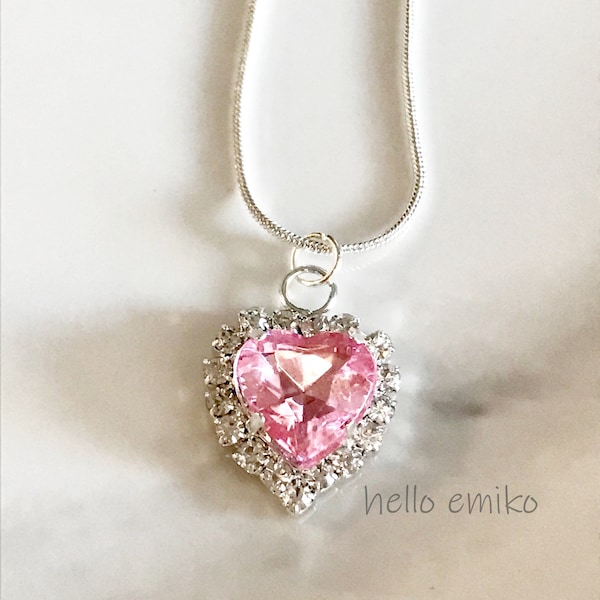 Back in Stock Pink Jewel Heart Charm Necklace Pendant with White Rhinestones on  Silver Plated 18 Inch Snake Chain with Lobster Clasp