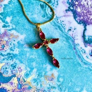 Brilliant Gold Tone Cross Pendant Necklace Sparkling Dark Pink Rhinestone Jeweled Cross on Gold Plated 18 Inch Chain Lobster Clasp