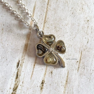 Silver Toned Faux Abalone Irish Lucky 4 Leaf Clover Rhinestone Center Necklace Pendant St. Patricks Day Shamrock on Silver Plated Chain