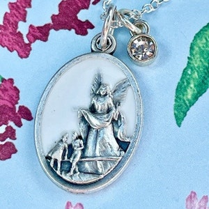 Double Sided Traditional Guardian Angel Medal From Italy White Enamel Necklace Pendant with Rhinestone Charm 18 inch Silver Plated Chain