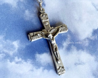 Large Ornate Silver Toned Jesus Crucifix Cross Medal From Italy Necklace Pendant On 18 Inch Silver Plated Chain Lobster Clasp Closure