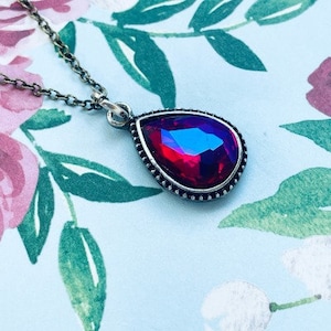 Sparkling Red Rhinestone with Purple Tones Teardrop Charm Necklace Pendant on Bronze Toned 18 Inch Bronze Plated Chain Lobster Clasp