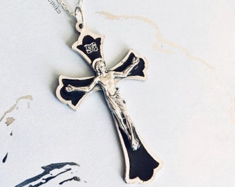 Large Silver Toned Black Enamel Jesus Crucifix Medal Charm Cross From Italy Necklace Pendant on 18 Inch Silver Plated Chain Catholic Cross