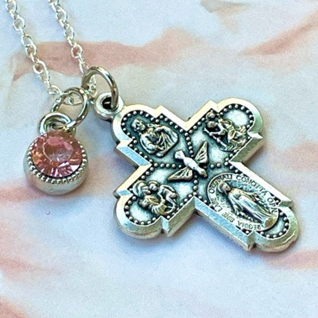 Silver Tone Jesus 4 Way Cross Double Sided Miraculous Medal Necklace ...
