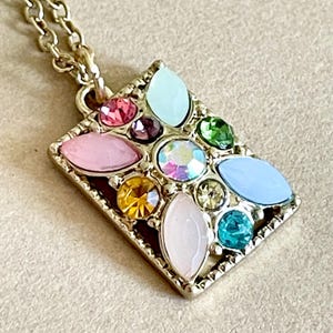 Multi Colored Jeweled Rectangle Necklace Pendant Gold Toned Aqua Green Pink Amber Rhinestone Faux Opal Jewels On 18 Inch Gold Plated Chain