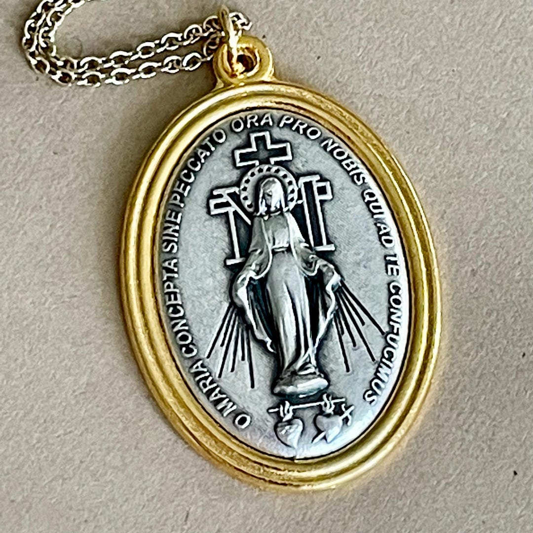 Double Sided Large Miraculous Medal Virgin Mary Pray for Us Gold and ...
