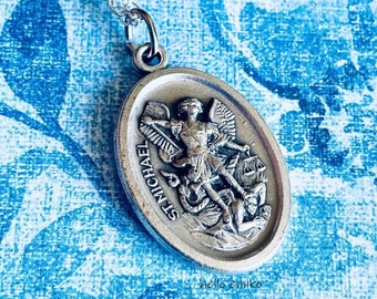 Saint Michael Guardian Angel Double Sided Silver Toned Medal From Italy Protection Pendant Necklace On Silver Plated Chain Catholic Gift