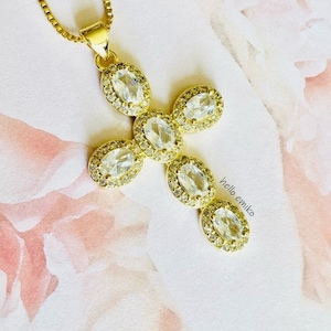 Brilliant Gold Tone Cross Pendant Necklace Sparkling White Jewel and Rhinestone Jeweled Cross on Gold Plated 18 Inch Chain Lobster Clasp