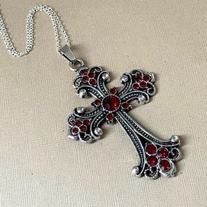 Large Ornate Silver Toned Red Rhinestone Encrusted Cross Necklace Pendant Silver Plated 18 Inch Chain Lobster Clasp Closure