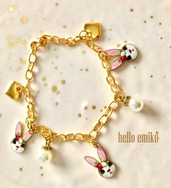 Bunny Charm Bracelet on Gold Plated Chain Rabbit With Pearls and