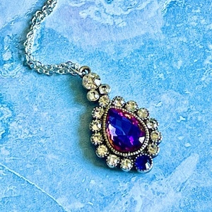 Silver Tone Purple & Blue Rhinestone Teardrop Necklace Pendant with White Rhinestone Edge on Silver Plated 18 Inch Chain Lobster Clasp