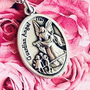 Double Sided Silver Tone Guardian Angel Pray for Us with Rose on Back Necklace Pendant Medal from Italy on Silver Plated 18&quot; Chain Catholic