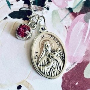 Double Sided Silver Tone Saint Teresa Medal Pink Enamel Necklace Pendant Pray For Us Charm From Italy Purple Jewel Drop Bead 18 Inch Chain