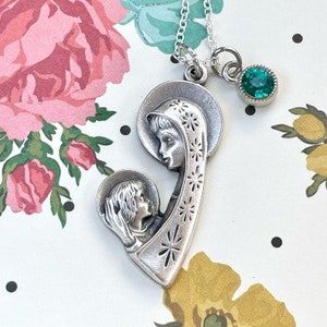 Beautiful Silver Tone Madonna and Jesus Child Necklace Pendant with Green Rhinestone Drop Jewel on Silver Plated 18 Inch Chain Catholic Gift