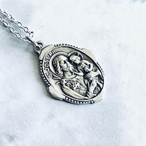 Double Sided Silver Toned Saint Joseph Pray For Us Medal Jesus Crucifix From Italy Necklace Pendant on 18 Inch Silver Plated Chain